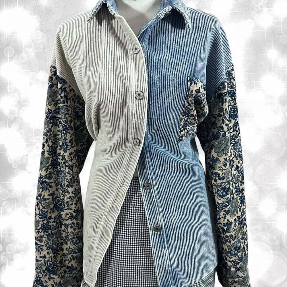 80s Corduroy or Y2K Style Ribbed Panels and Floral Sleeve Heavy Jacket